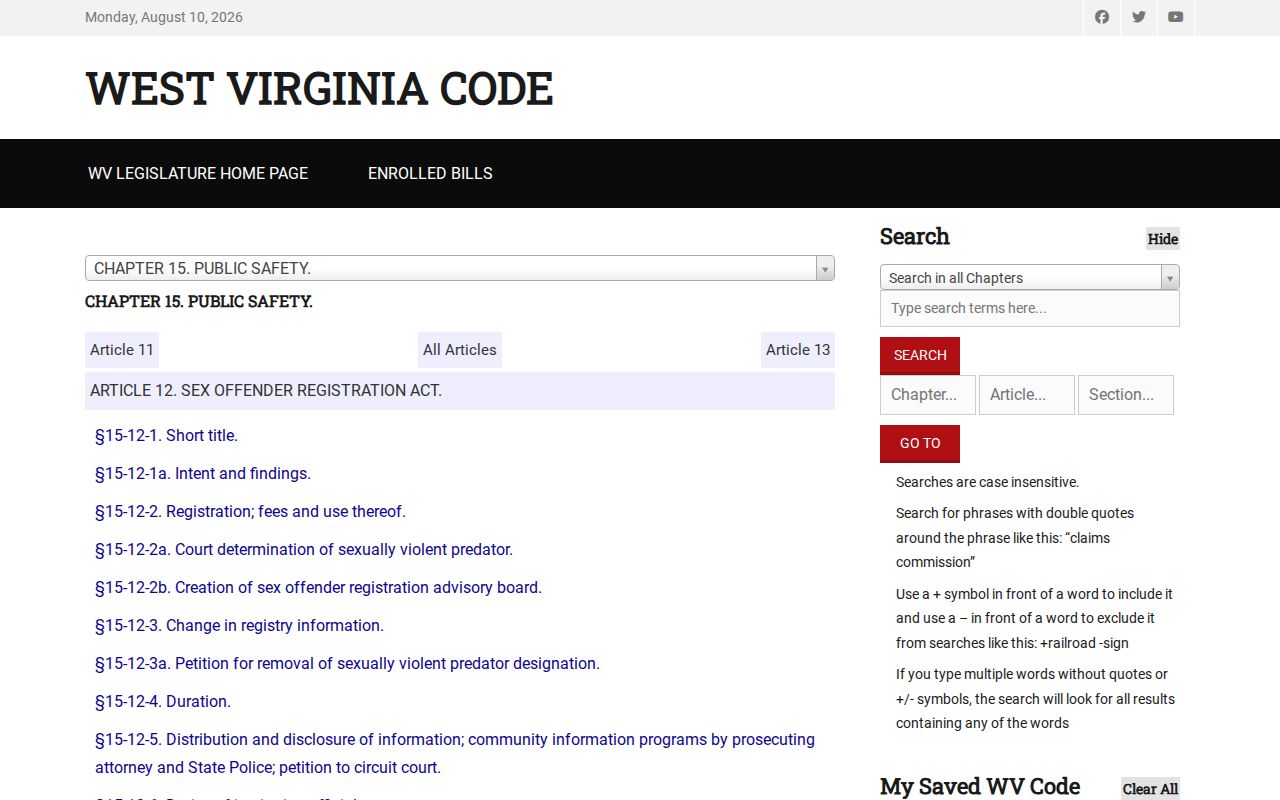 West Virginia registration law for Harrison County sex offender registry duties