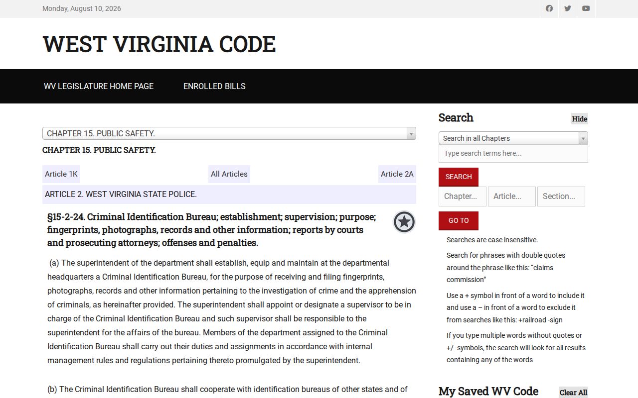 West Virginia law governing Harrison County criminal history records